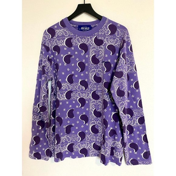 Awake NY Shirt Men's Big Paisley Longsleeve T-shirt Pullover Tee Purple Bandana - Picture 5 of 10